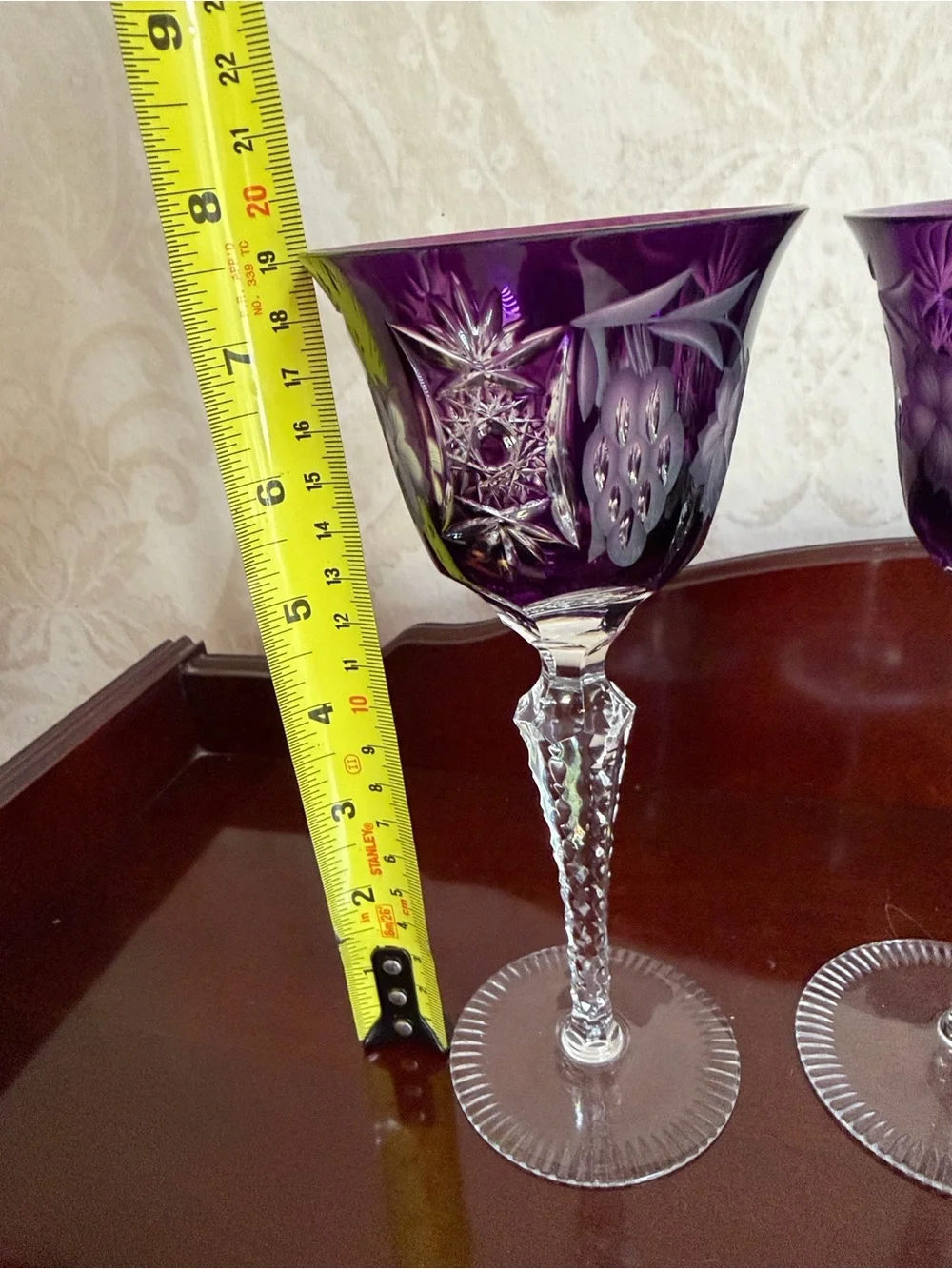 Purple Etched Crystal Wine Goblets - Set of 2